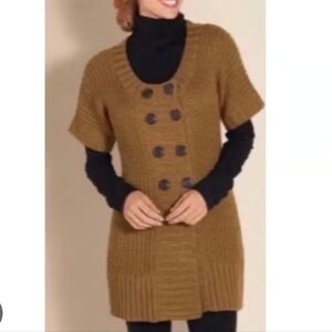Soft Surroundings double breasted wool sweater dress knee length Sz L tan brown